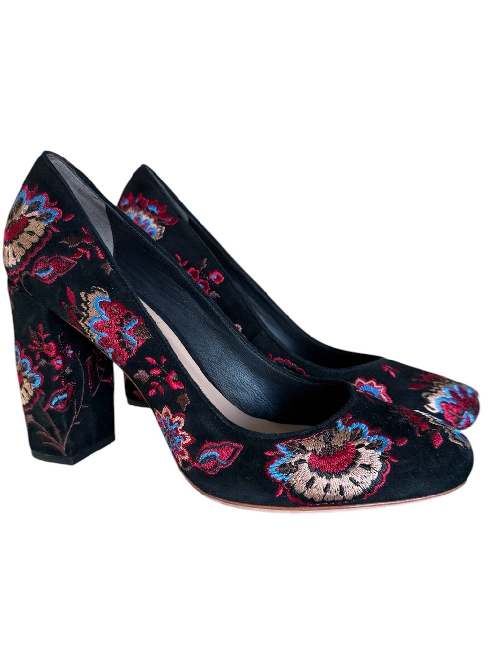 Loeffler Randall Sydnee Black Suede Embroidered Floral Block Heel Pumps 7.5B